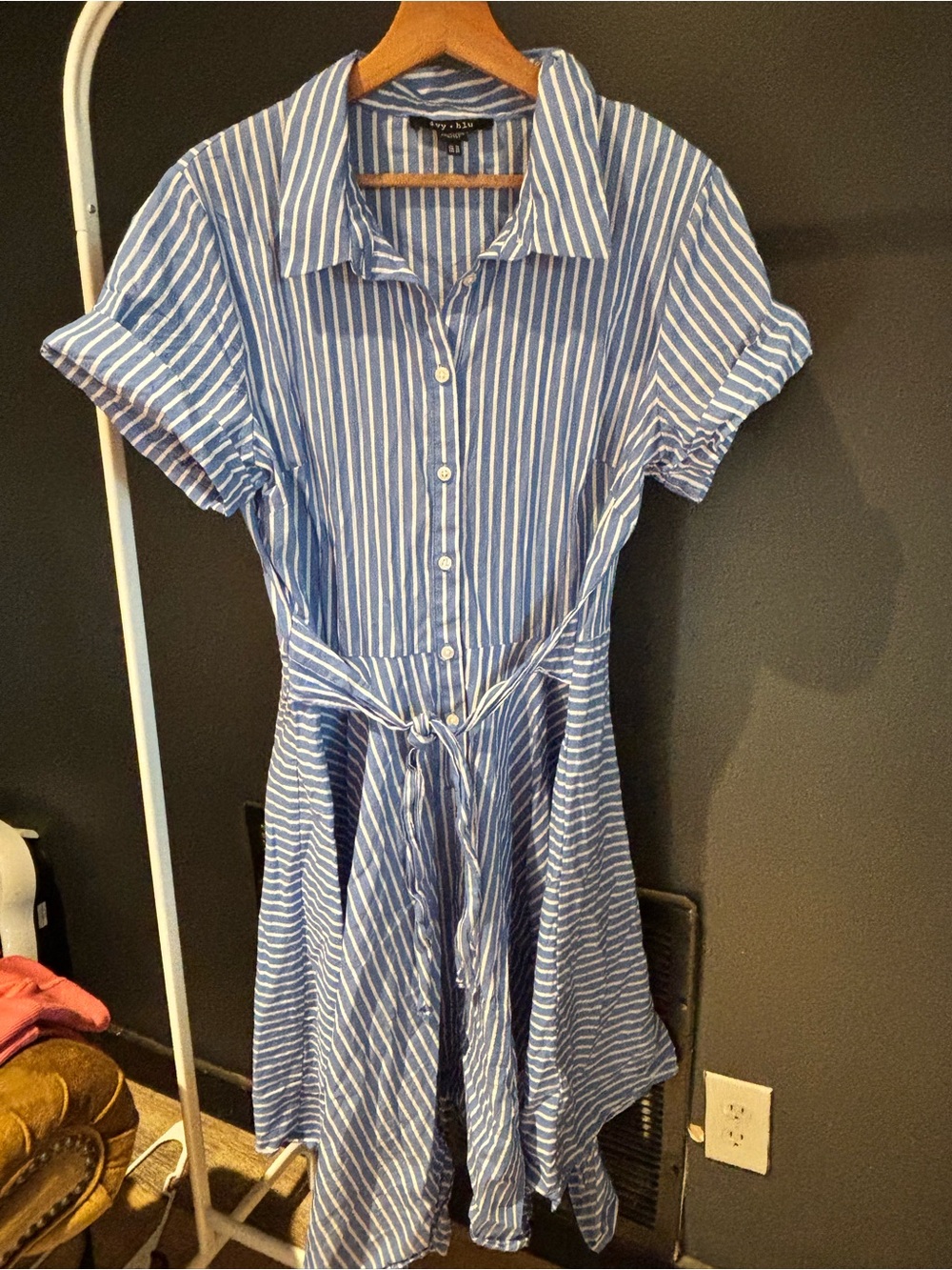 Striped Blue and White Midi Shirt Dress with Tie Waist
